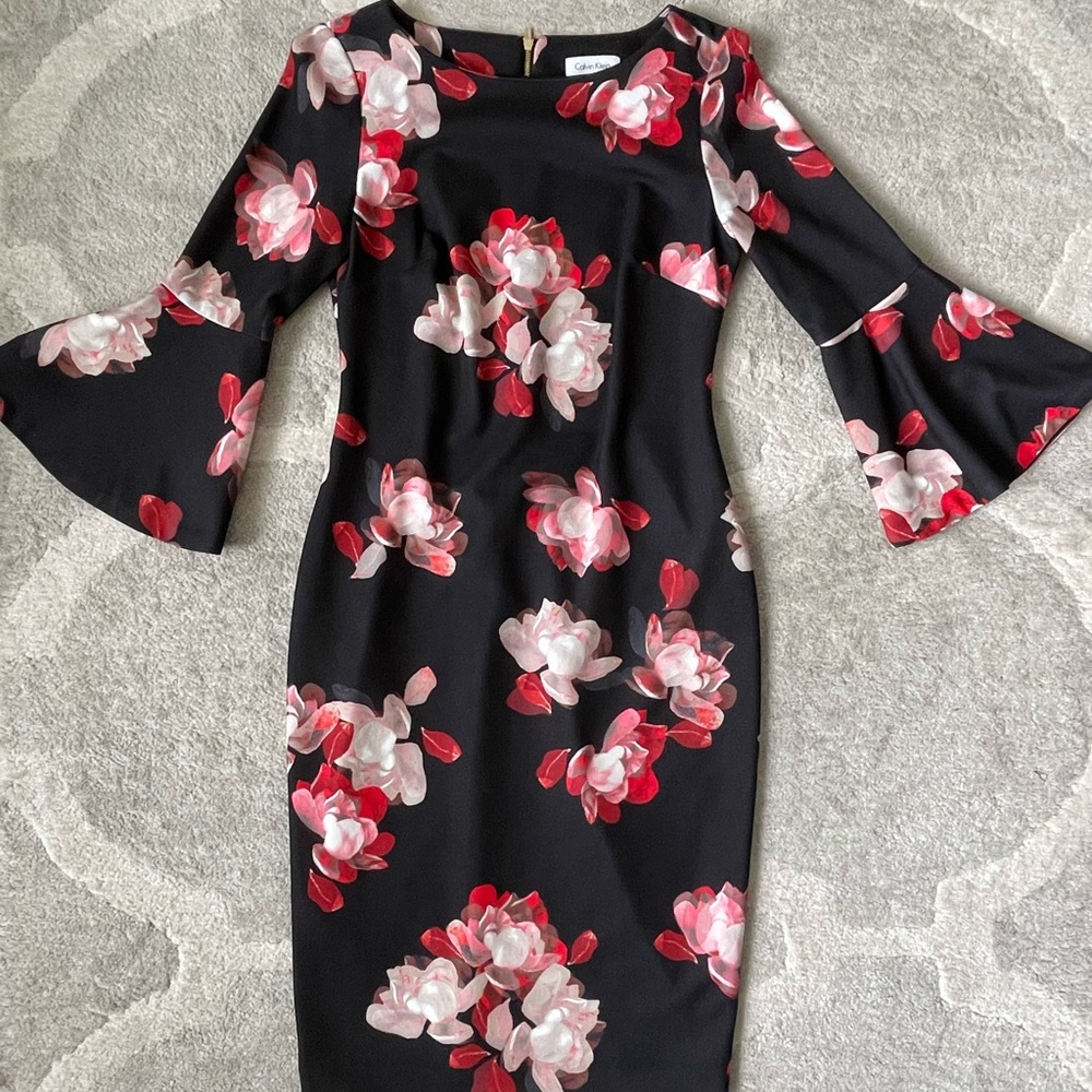 Calvin Klein Red and White Sheath Dress with Bell Sleeves